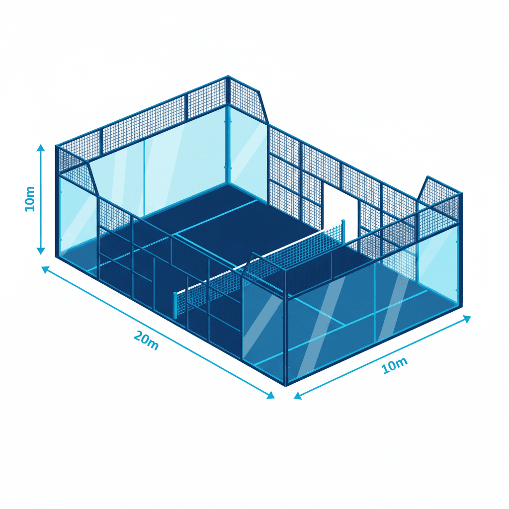 Padel court diagram showing dimensions: 20 meters long by 10 meters wide, with glass walls and metal mesh fencing