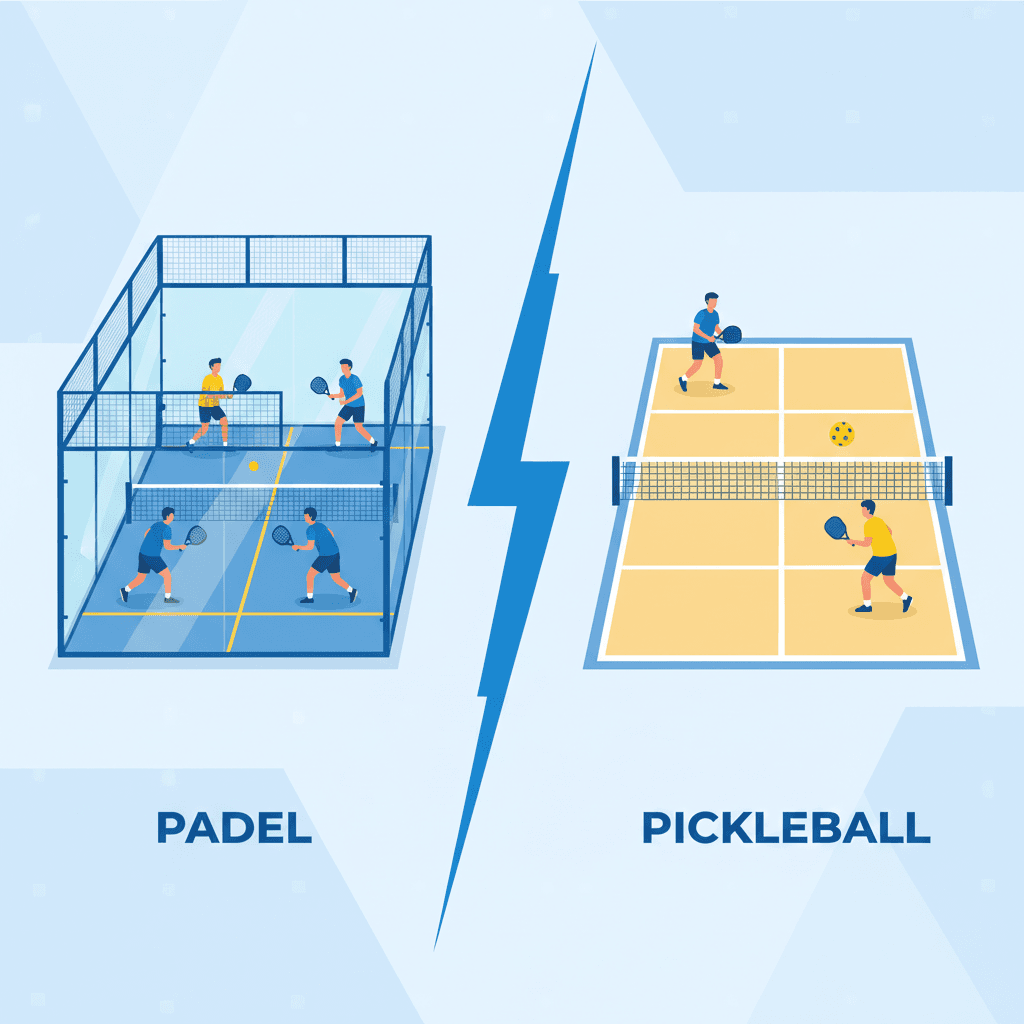 Padel vs Pickleball comparison - padel court with glass walls on the left, open pickleball court on the right